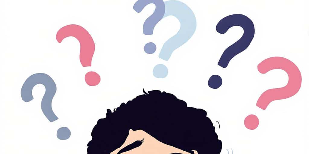 Person's head with question marks, illustrative.