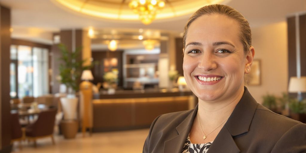 Professional smiling person in hotel lobby.