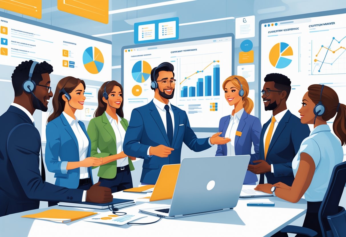 10 Customer Service Manager Resume Examples & Guide for Success in 2025 1 A Customer Service Manager interacting with a diverse team in a modern office setting, surrounded by laptops, paperwork, and charts.