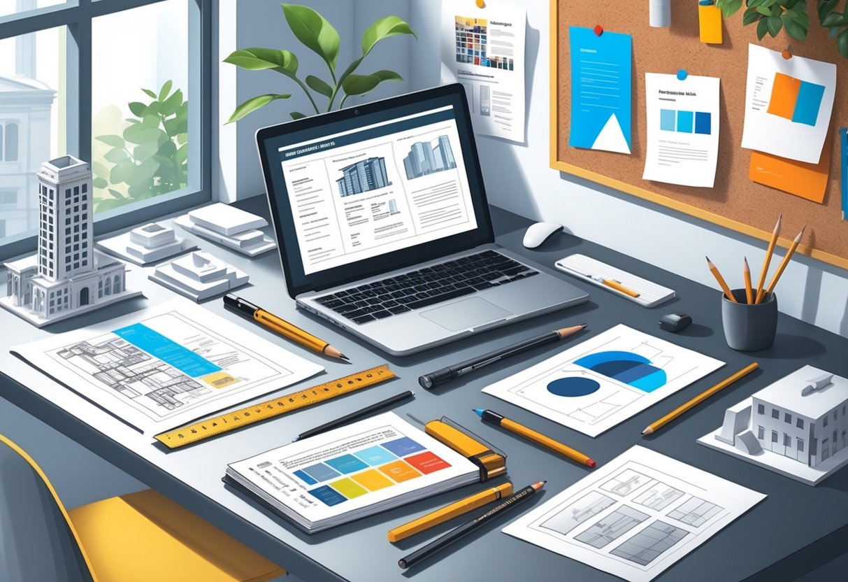 10 Architecture Student Resume Examples & Guide for 2025: Build a Standout Resume for Your Career 1 A workspace with architectural tools, sketches, models, and a laptop showing a resume layout.
