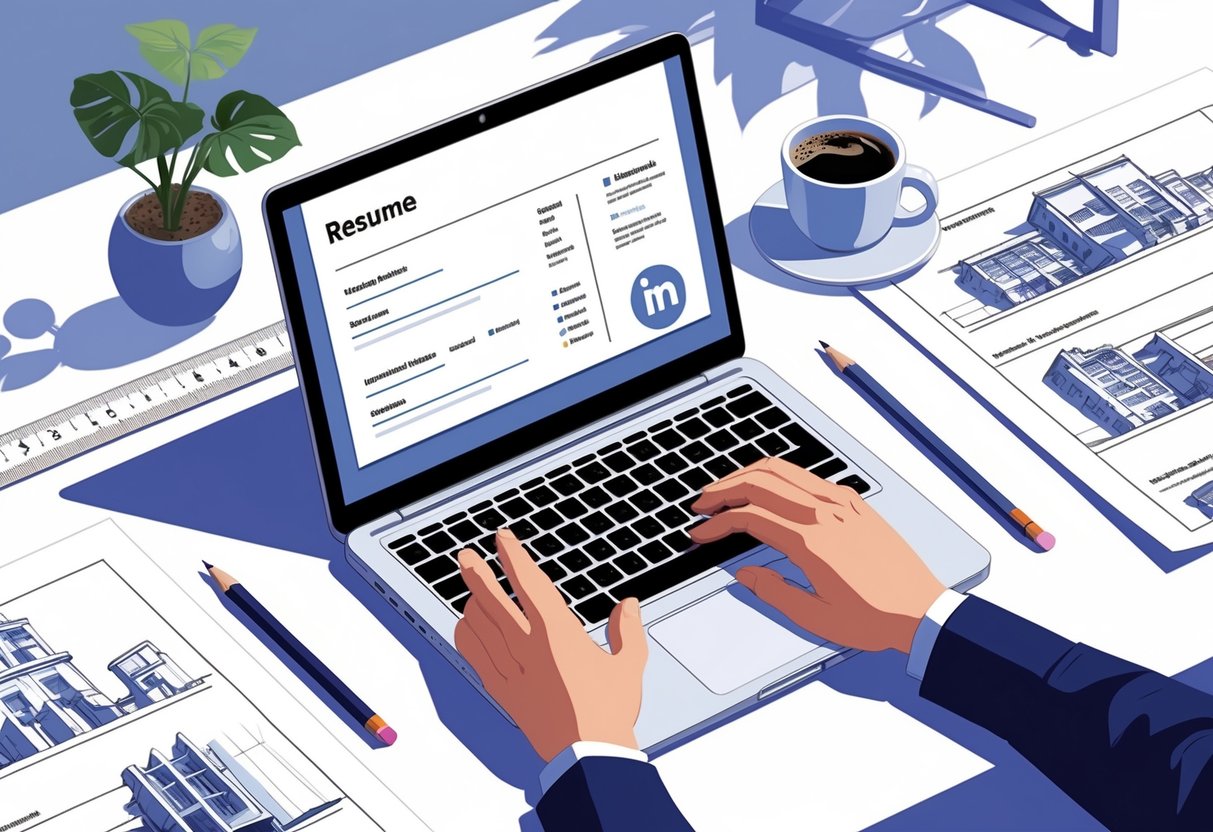 10 Architecture Student Resume Examples & Guide for 2025: Build a Standout Resume for Your Career 2 A workspace with a laptop showing a digital resume layout, architectural tools, blueprints, a plant, and a coffee cup on a desk.