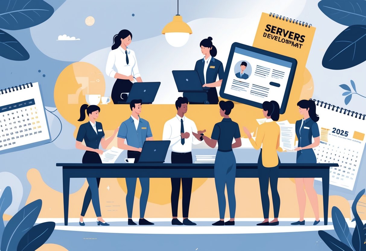11 Server Resume Examples & Guide for 2025: Templates and Tips to Get Hired 1 A group of people in server uniforms and smart casual clothes working together around a table with laptops and resumes in a bright, organized workspace.