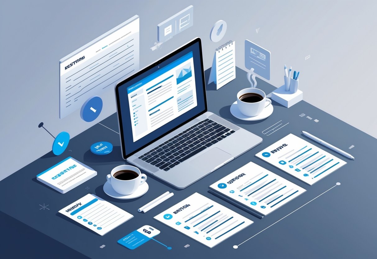 11 Server Resume Examples & Guide for 2025: Templates and Tips to Get Hired 2 A tidy workspace with a laptop showing a resume layout, printed resume pages, a coffee cup, and server-related items like a notepad and tray on the desk.