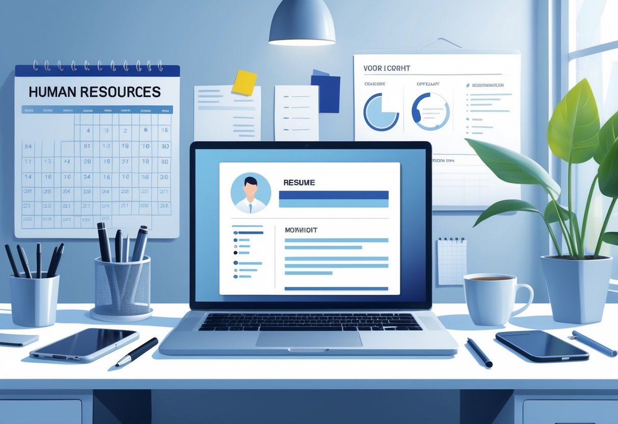 A tidy office desk with a laptop, office supplies, and a calendar, representing a human resources assistant workspace.