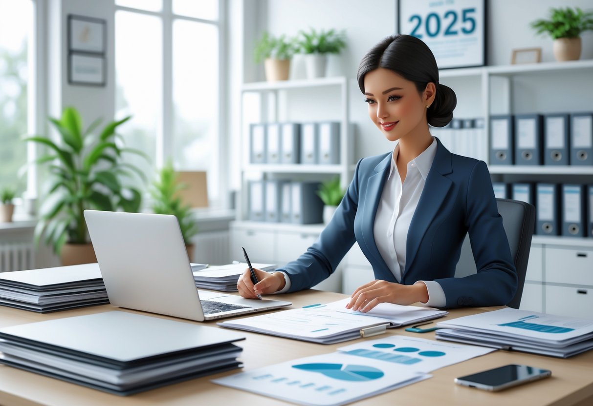 An HR assistant working at a desk with a laptop and documents in a bright, organized office.