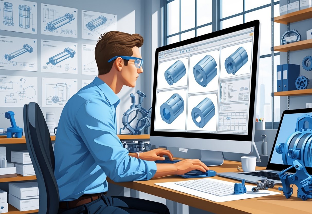 A Mechanical Design Engineer working at a desk with 3D CAD models on a computer screen, surrounded by engineering tools and technical drawings.
