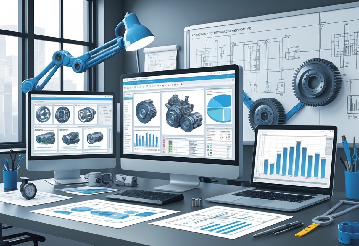 A Mechanical Design Engineer's workspace with computer screens showing 3D mechanical models, blueprints, engineering tools, and a whiteboard with technical schematics.