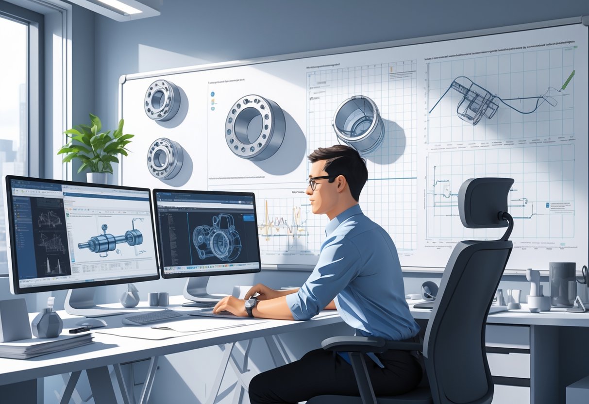 A mechanical design engineer working at a desk with multiple computer screens showing 3D models and engineering diagrams in a modern office.