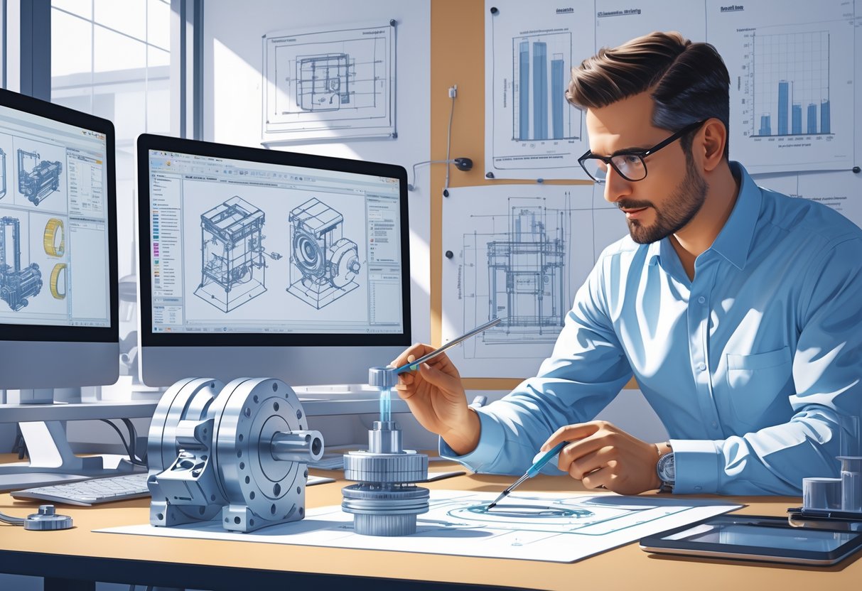 A mechanical design engineer working at a desk with blueprints, 3D models on computer screens, and a physical mechanical prototype, surrounded by engineering tools and technical drawings.