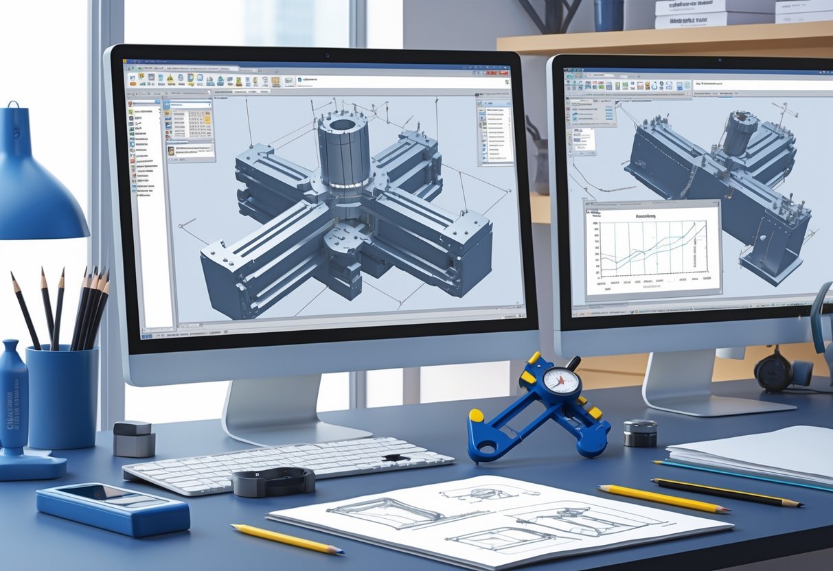 A mechanical design engineer's workspace with computer screens showing 3D models, engineering tools on the desk, and shelves with reference books and prototypes.