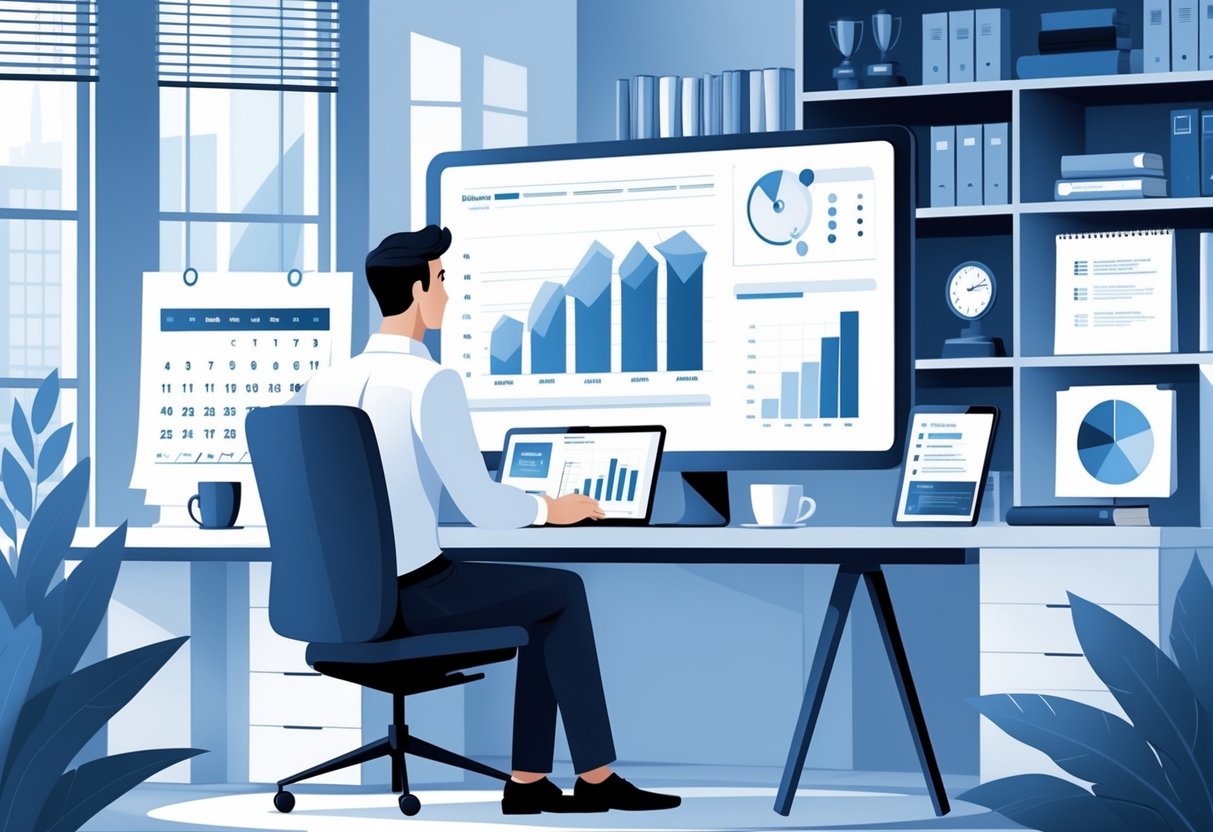 31 Account Manager Resume Examples & Guide for 2025: Stand Out in Today’s Job Market 1 An account manager working at a desk with a laptop and charts in a modern office setting.