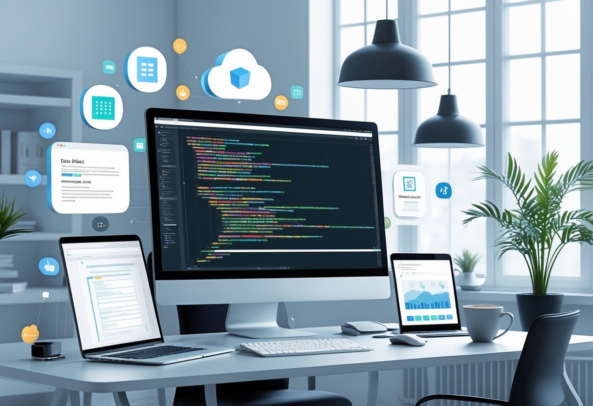 41 Web Developer Resume Examples & Guide for 2025: Stand Out With Proven Templates and Tips 1 A modern workspace with a desk, computer monitors showing code and website layouts, and web development icons around them.