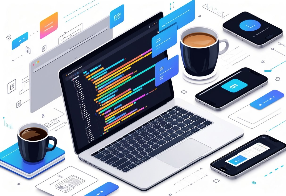 A workspace with a laptop showing code, a notebook with sketches, a coffee cup, and a smartphone displaying a website layout.