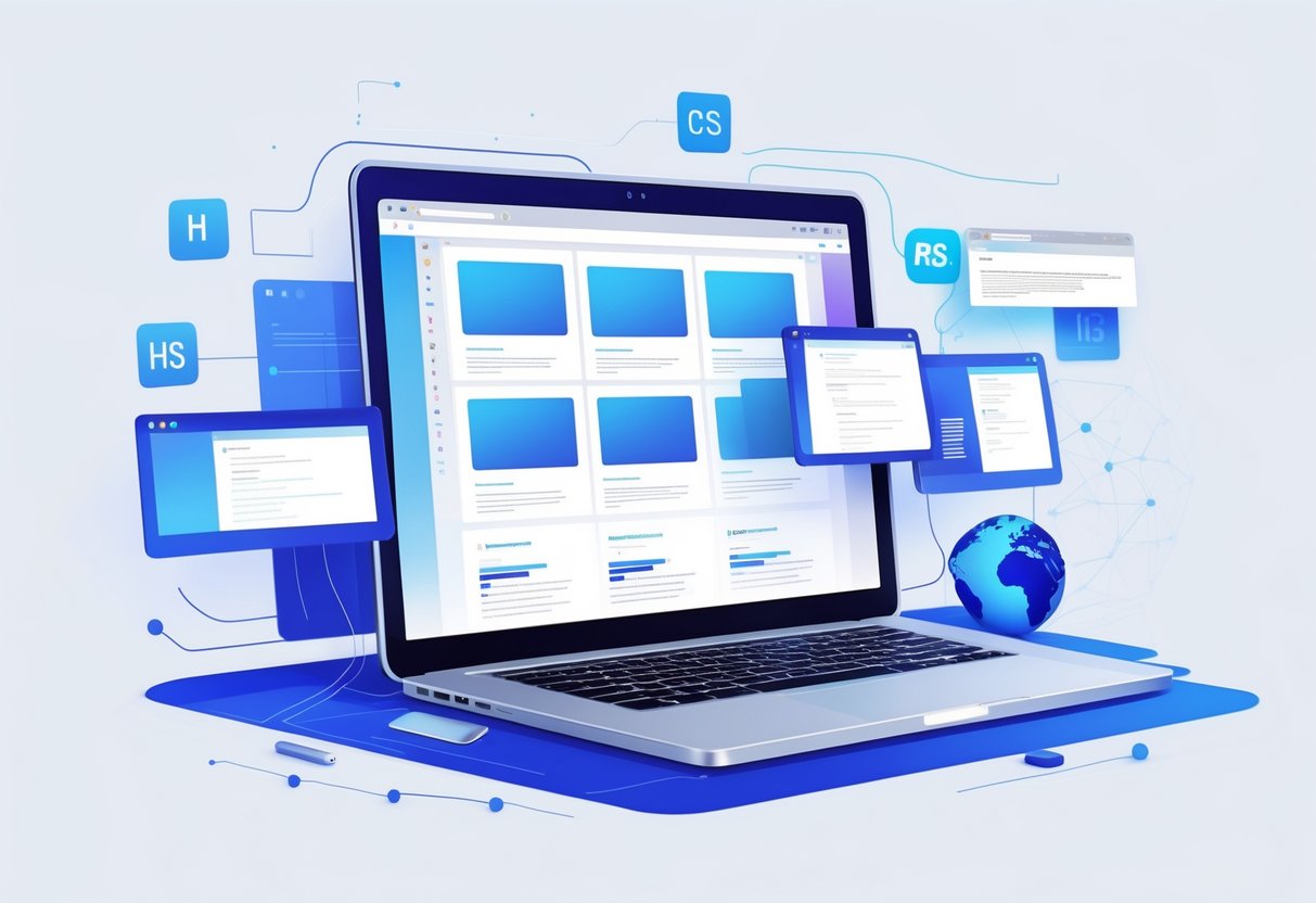 A web developer's workspace showing a laptop with different website layouts for desktop, tablet, and mobile screens, surrounded by floating coding symbols and web development icons.