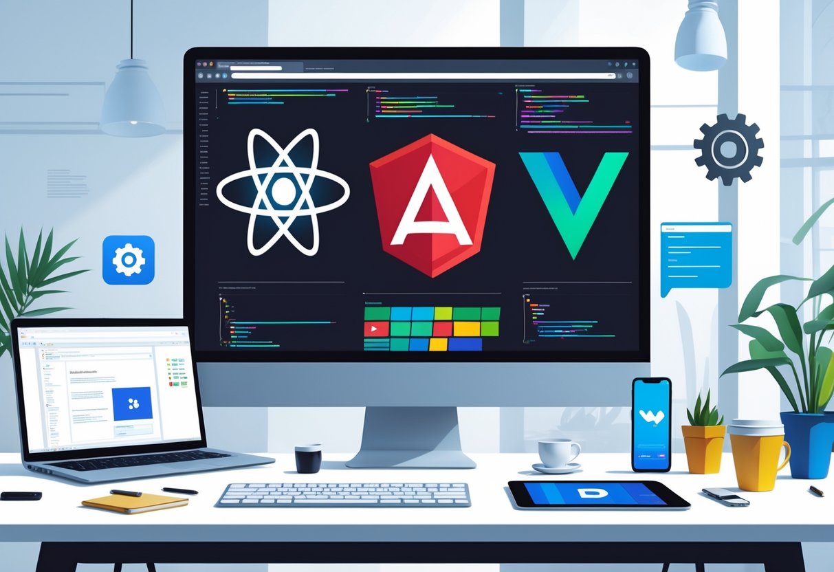 A web developer's desk with a monitor showing abstract logos of React, Angular, and Vue.js alongside code and UI designs, surrounded by developer tools in a bright office space.