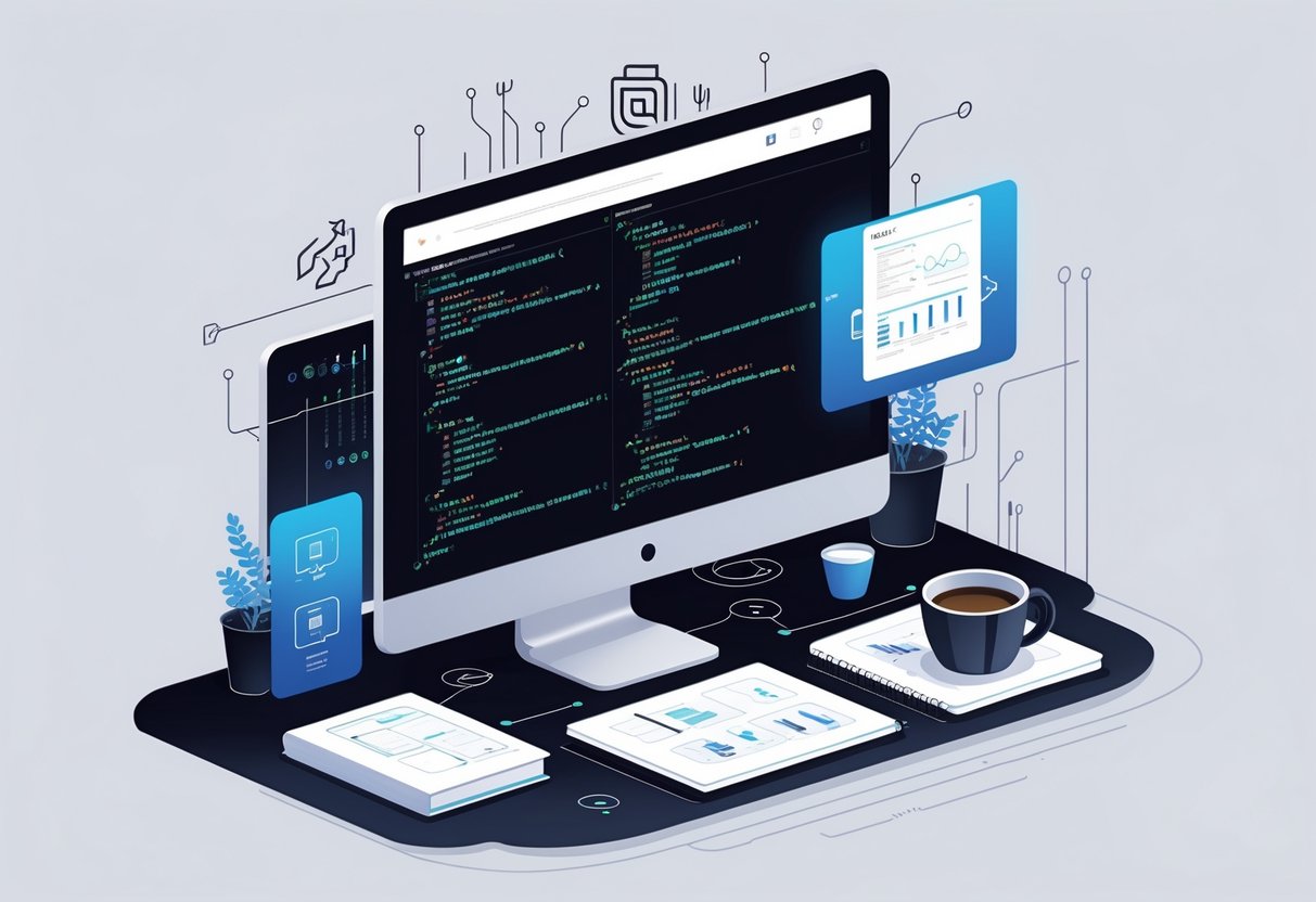 A web developer's workspace showing a monitor with backend code and icons representing Node.js and Django technologies.