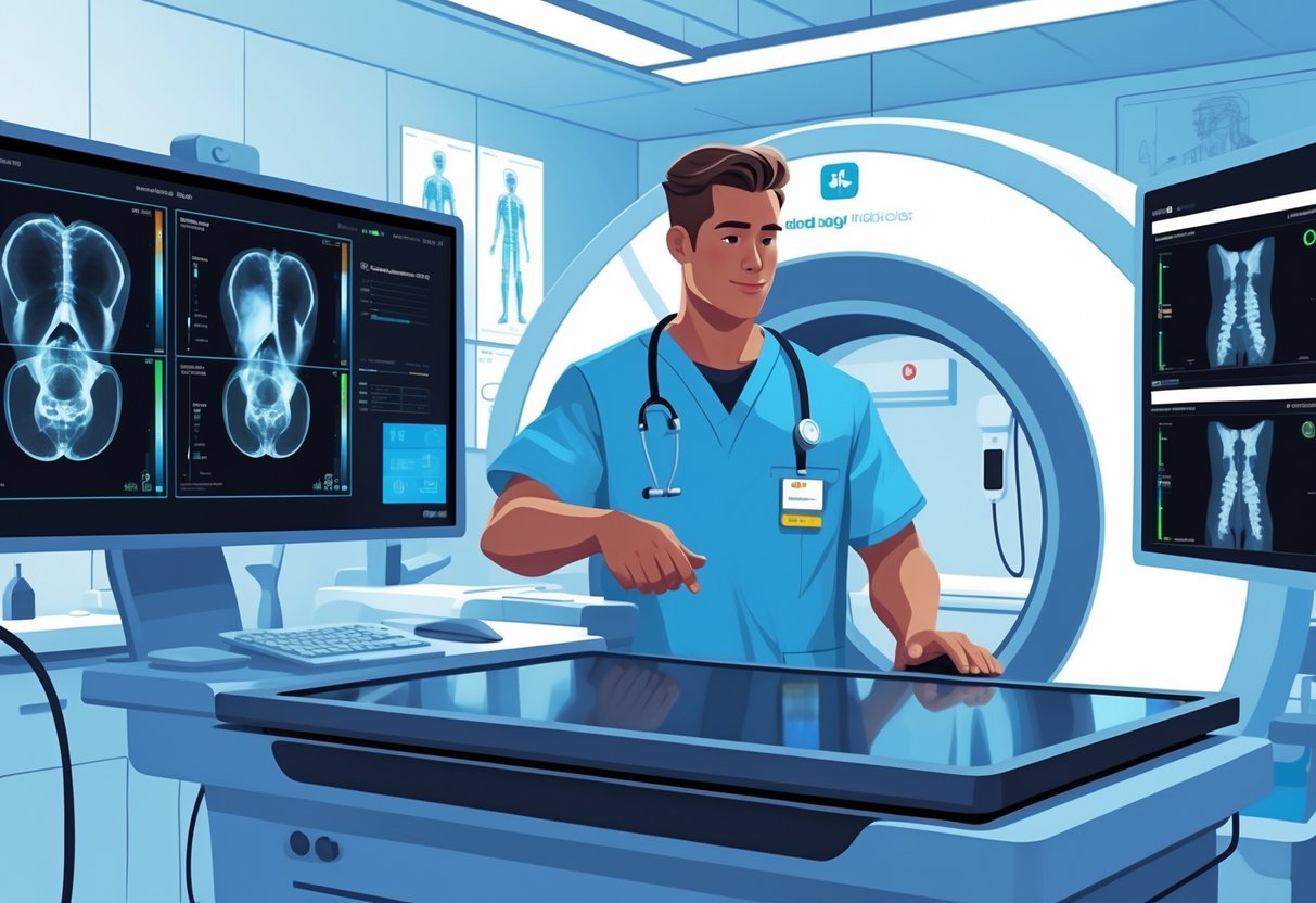 A radiologic technologist operating advanced medical imaging equipment in a hospital room.