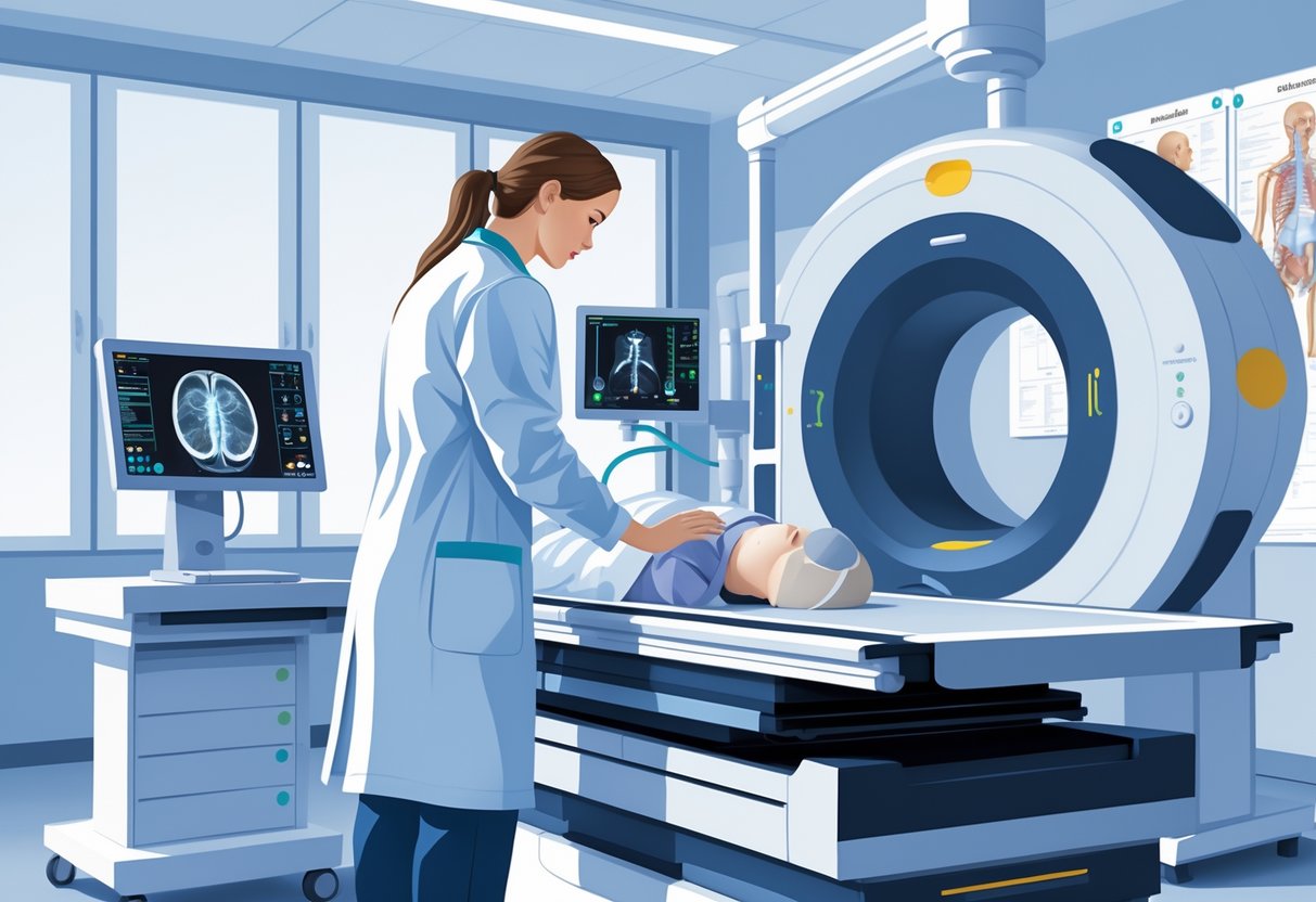 A radiologic technologist operating medical imaging equipment in a clinical setting.