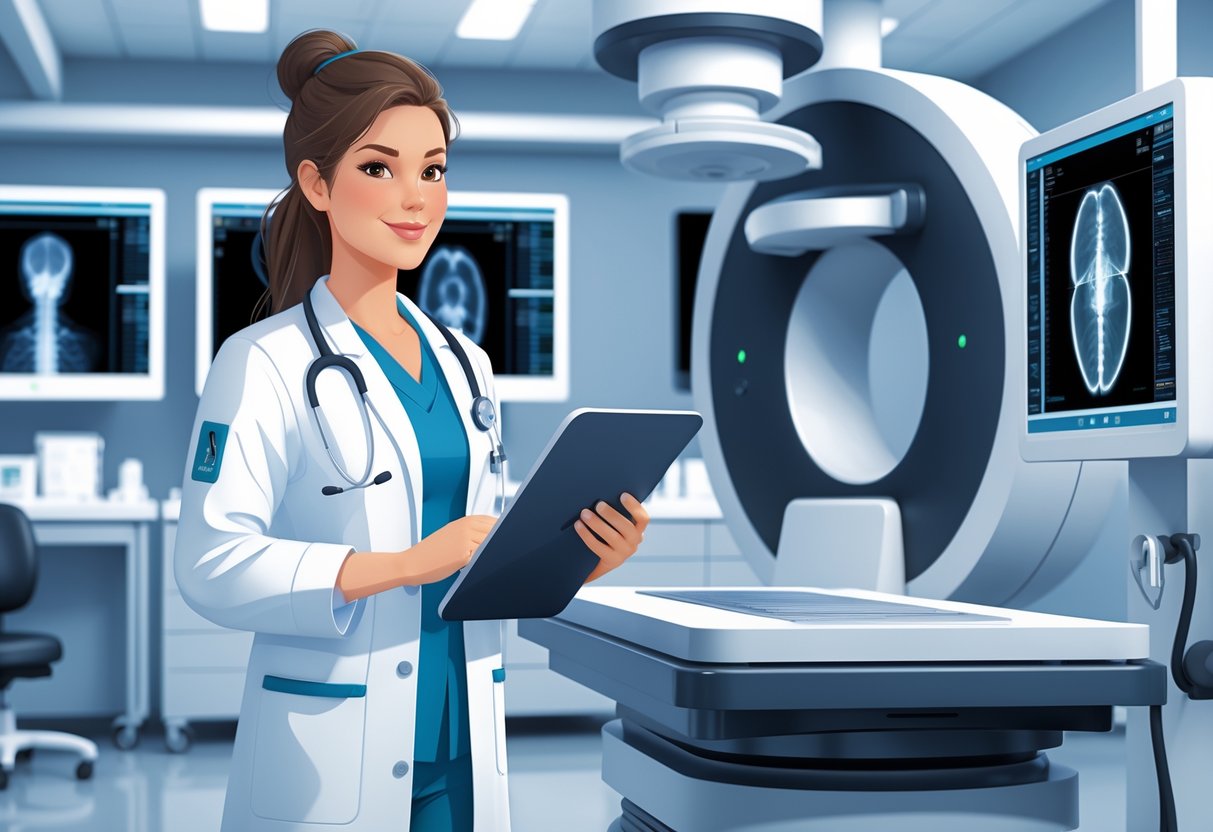 A radiologic technologist in scrubs stands next to an X-ray machine in a clean medical imaging room, holding a tablet and reviewing scans.