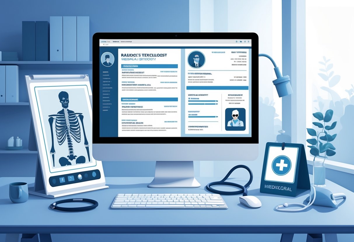 A modern workspace with a computer displaying a digital resume layout, medical tools like an X-ray viewer and stethoscope nearby, set in a clean office environment.