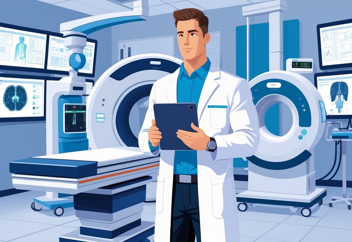 A radiologic technologist standing in a medical imaging room with advanced imaging machines and digital screens showing technical diagrams.