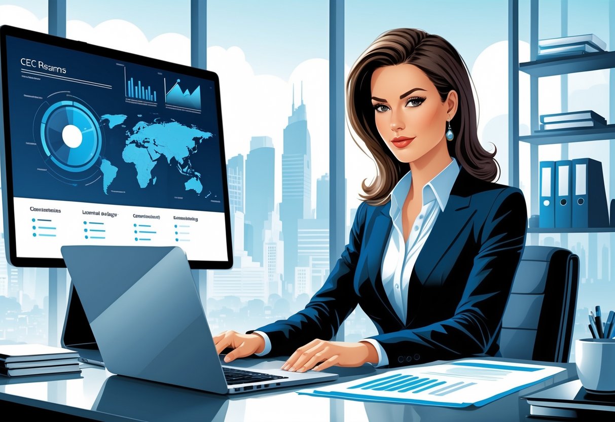 Marissa Mayer's Yahoo CEO Resume Example and Key Leadership Insights 1 A confident female executive reviewing documents at a desk in a modern office with a city skyline visible through the window.