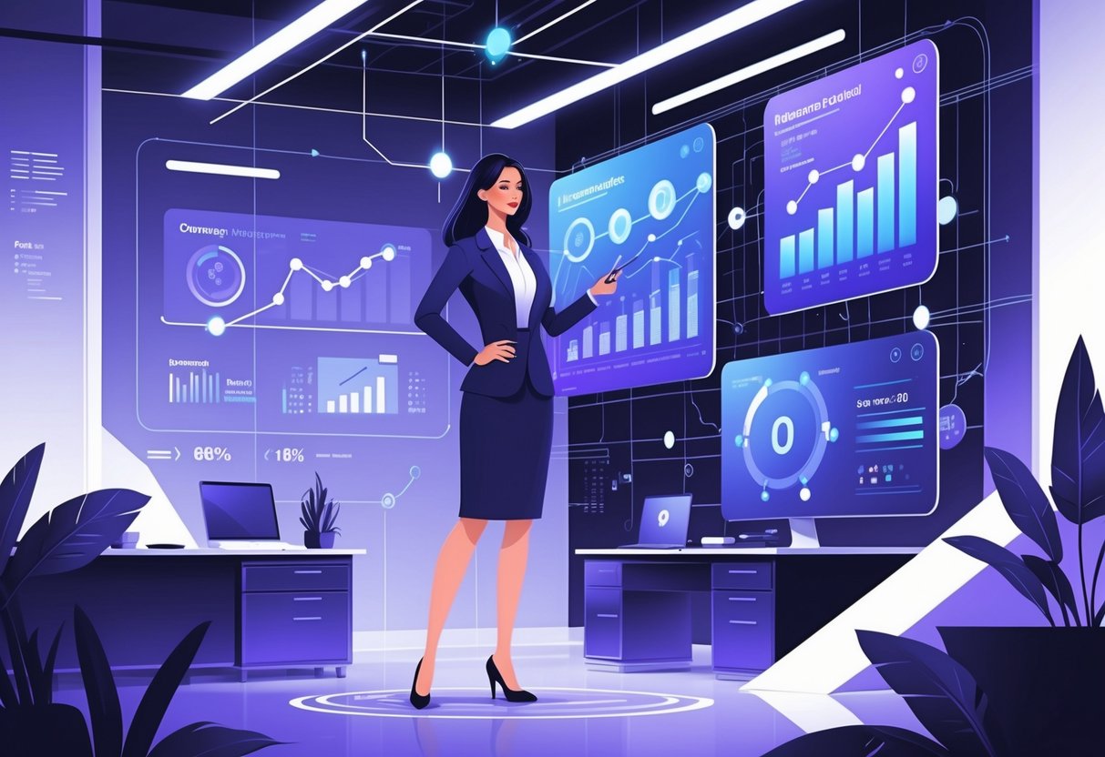 A female executive reviewing digital charts and graphs in a modern office with futuristic technology elements around her.