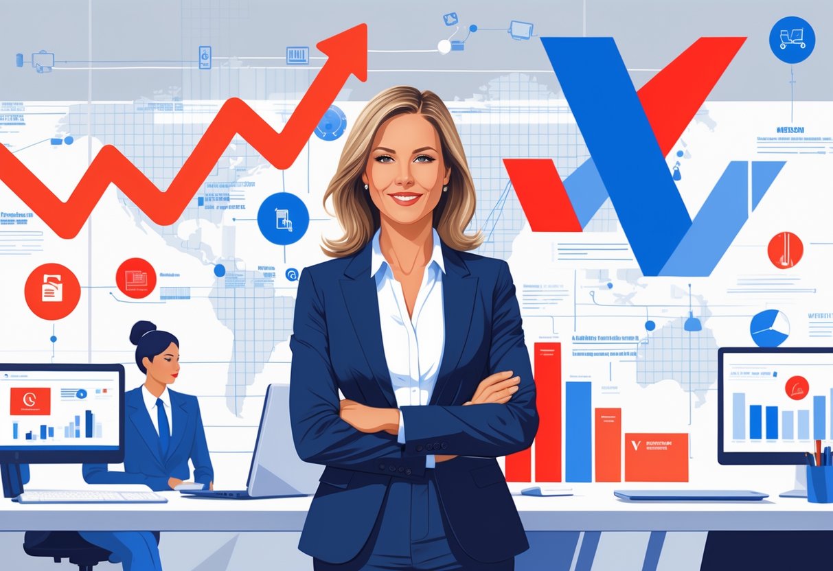 A confident businesswoman standing in a modern office with abstract digital network symbols and a large corporate logo in the background, representing a major business acquisition and leadership.