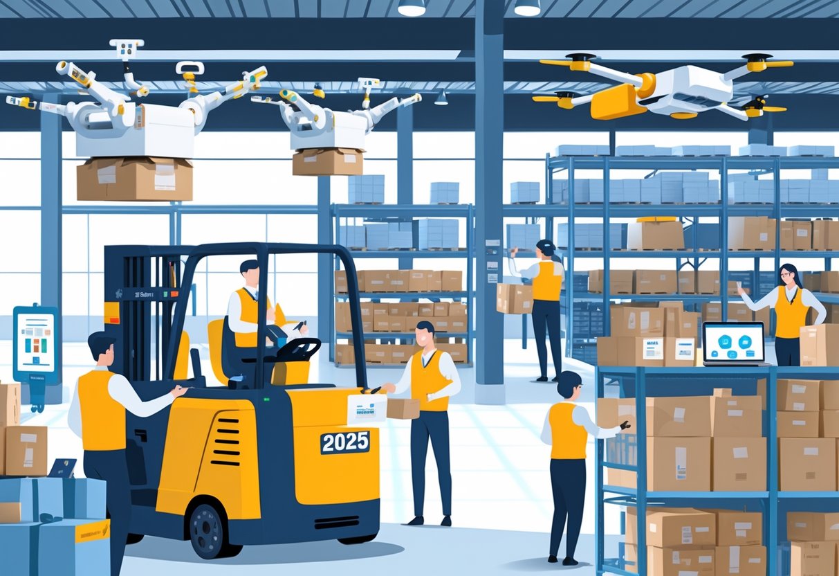 Top Warehouse Skills for Your Resume in 2025: What Employers Want Now 1 A modern warehouse with workers using technology and equipment to organize and move packages.