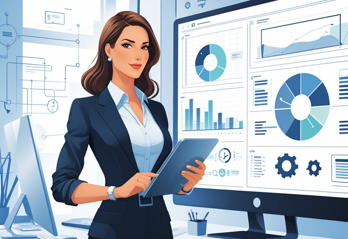 A female executive standing in a modern office with digital screens showing data charts and software diagrams, holding a tablet and looking focused.