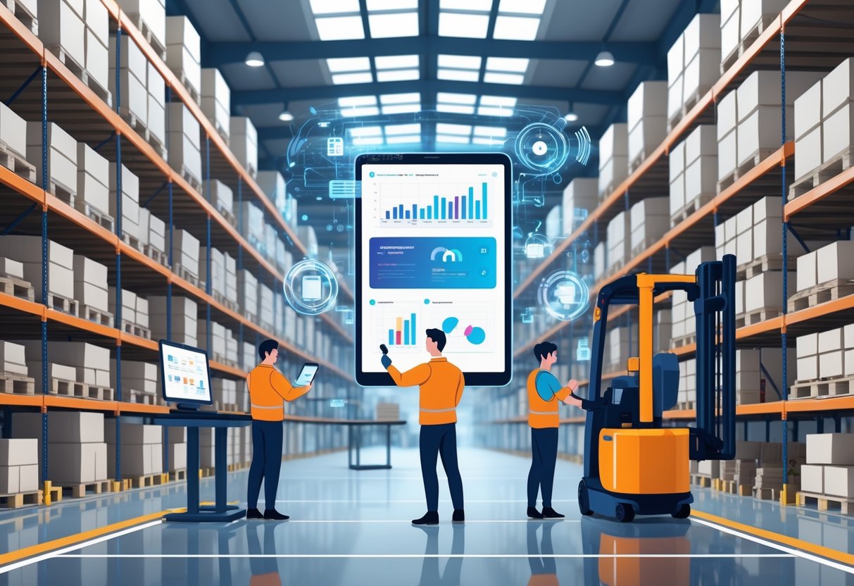 A group of warehouse workers using technology and equipment in a large, organized warehouse with shelves, conveyor belts, and robots.