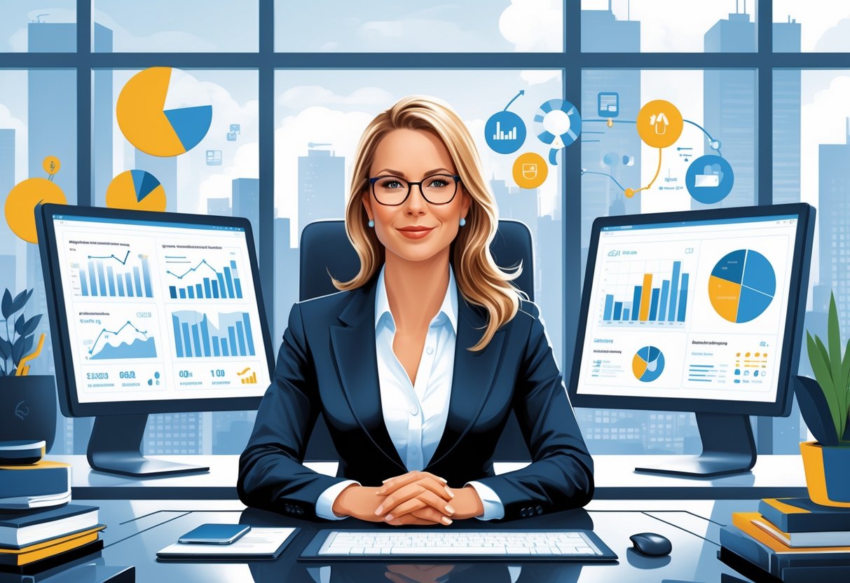 A female executive sitting at a desk with digital screens showing charts and graphs in a modern office with a city skyline in the background.