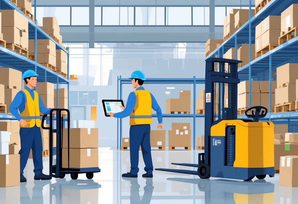 Warehouse workers handling packages and forklifts in an organized shipping and receiving area with shelves of boxes and digital devices.