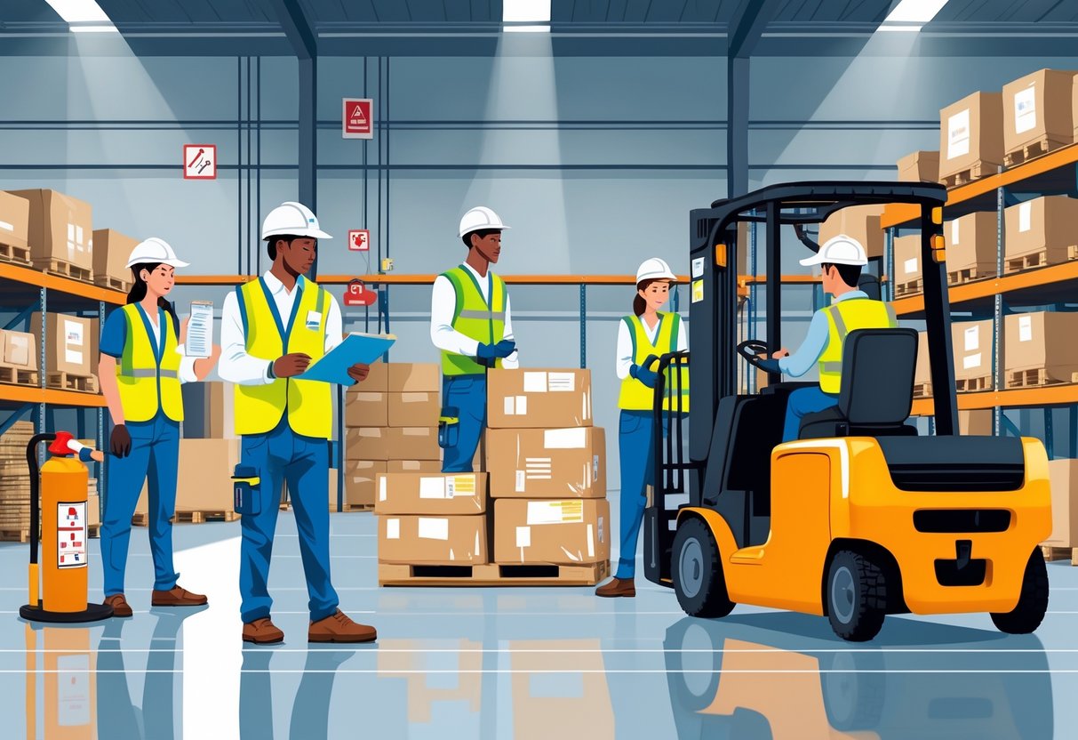 Warehouse workers wearing safety gear inspecting pallets and operating equipment in an organized warehouse with visible safety signs.