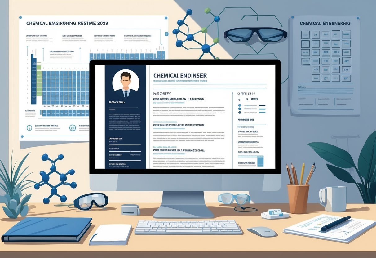 19 Chemical Engineer Resume Examples & Guide for 2025: Expert Tips for Landing Your Next Role 2 A professional workspace with a computer displaying a resume layout and chemical engineering tools nearby.
