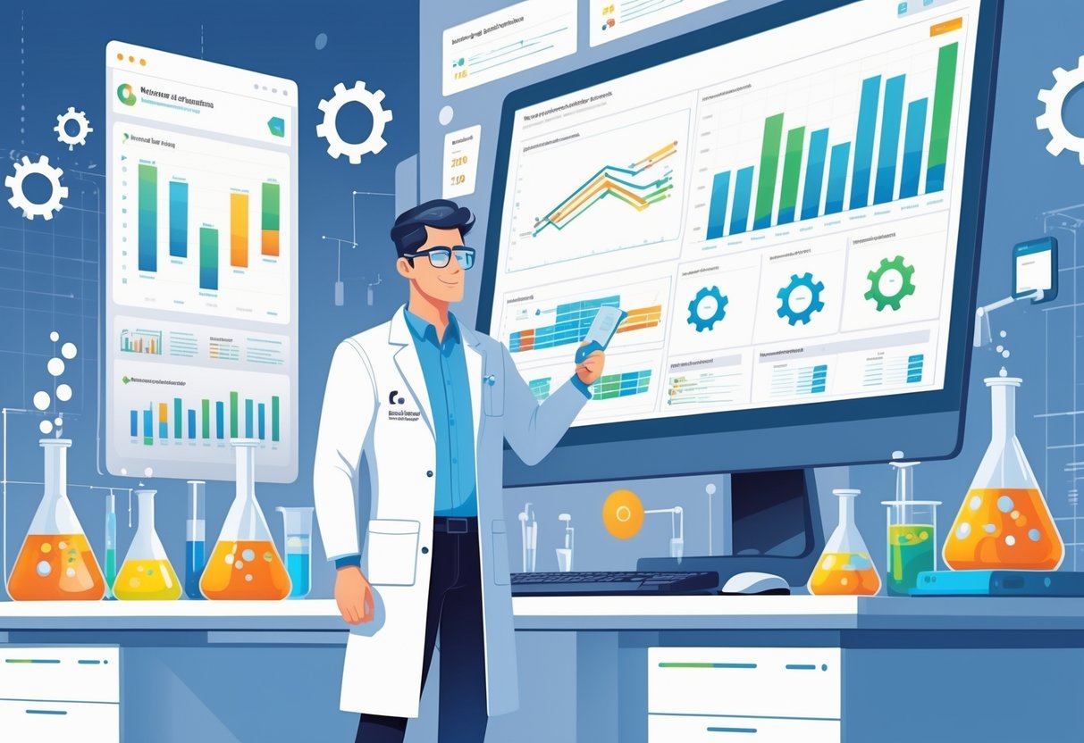 A chemical engineer standing by a digital project management dashboard surrounded by chemical equipment and workflow charts in a modern office.