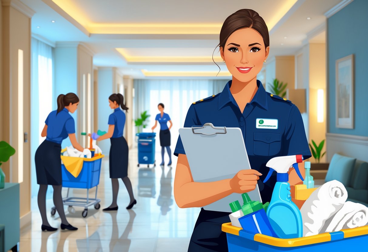 A housekeeping supervisor checking a cart of cleaning supplies while overseeing hotel staff working in a clean, organized hotel corridor.