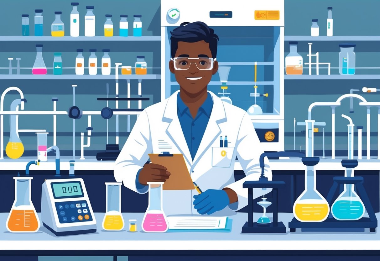 A chemical engineer in a lab coat working with various laboratory equipment on a clean bench in a modern laboratory.