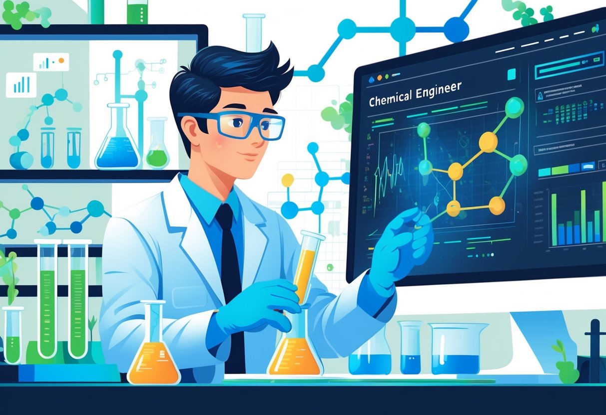 A chemical engineer in a lab coat working in a modern laboratory with scientific equipment and digital screens showing chemical data.