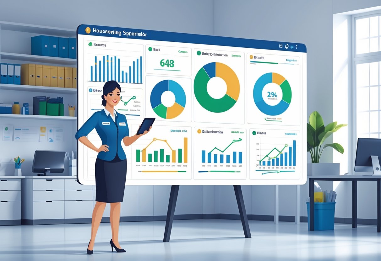 A housekeeping supervisor in uniform stands by a digital dashboard showing charts and graphs of housekeeping performance metrics in a tidy office.