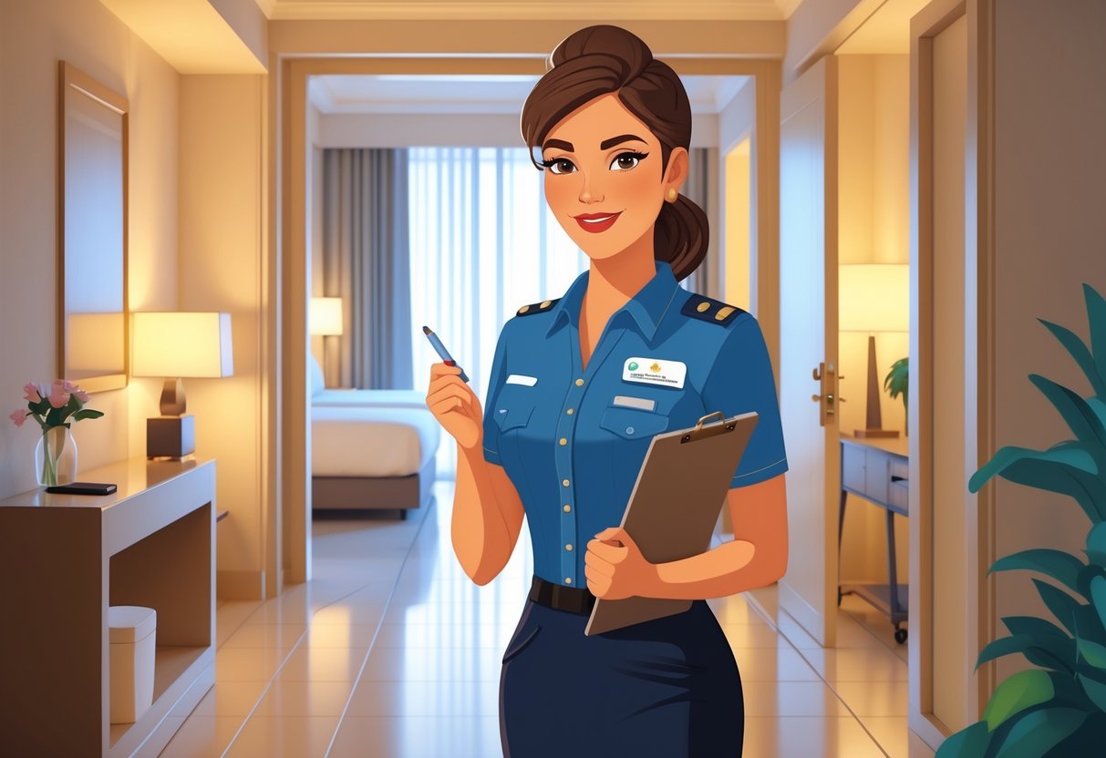 A housekeeping supervisor holding a clipboard stands in a clean hotel corridor with tidy rooms and housekeeping carts in the background.