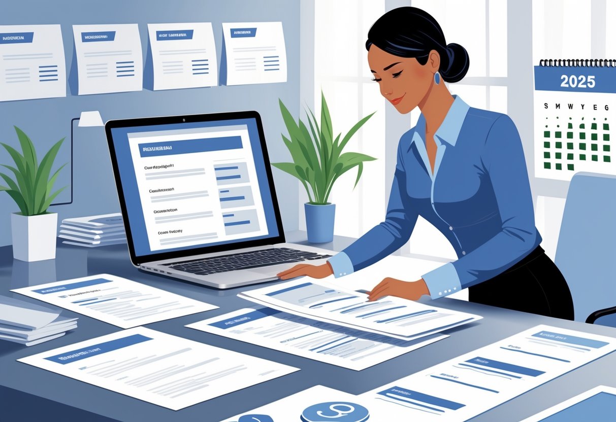 A housekeeping supervisor reviewing multiple resumes at a desk with a laptop and calendar showing the year 2025.