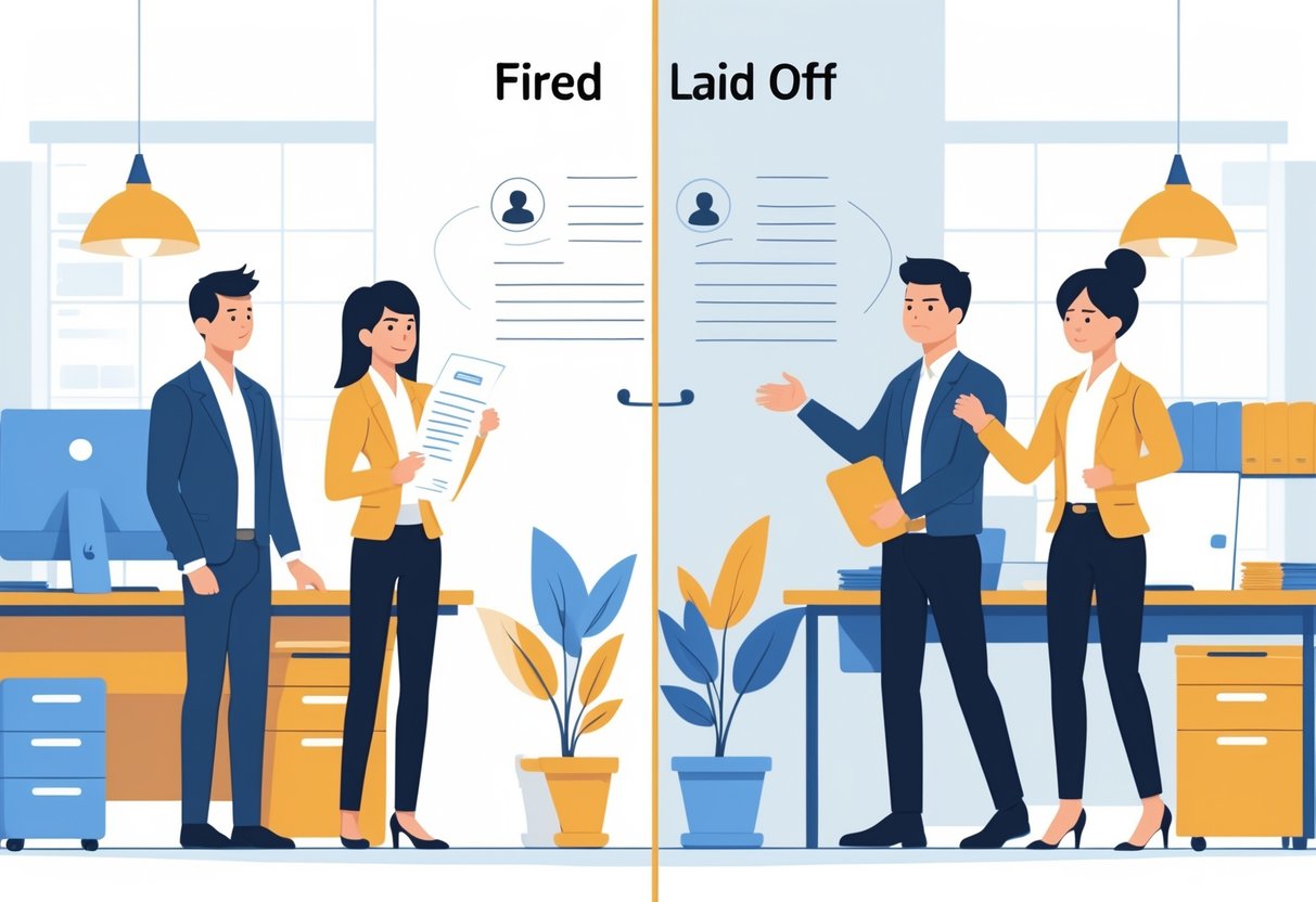 Two groups of people in an office showing one person upset after being fired and another calmly leaving after being laid off, with a visual division between the two scenarios.