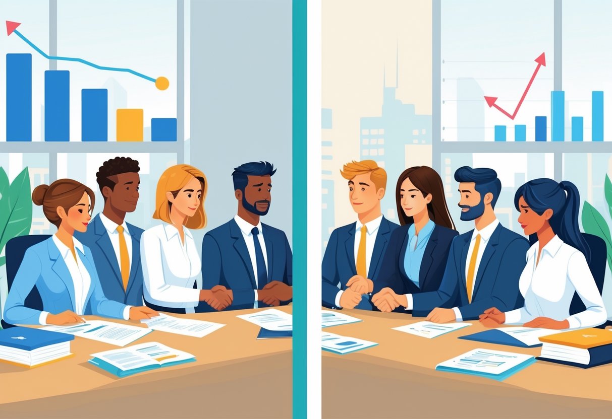 Two groups of business professionals in an office, one calm and confident, the other reflective, discussing resumes with recruiters, symbolizing the difference between being laid off and fired.