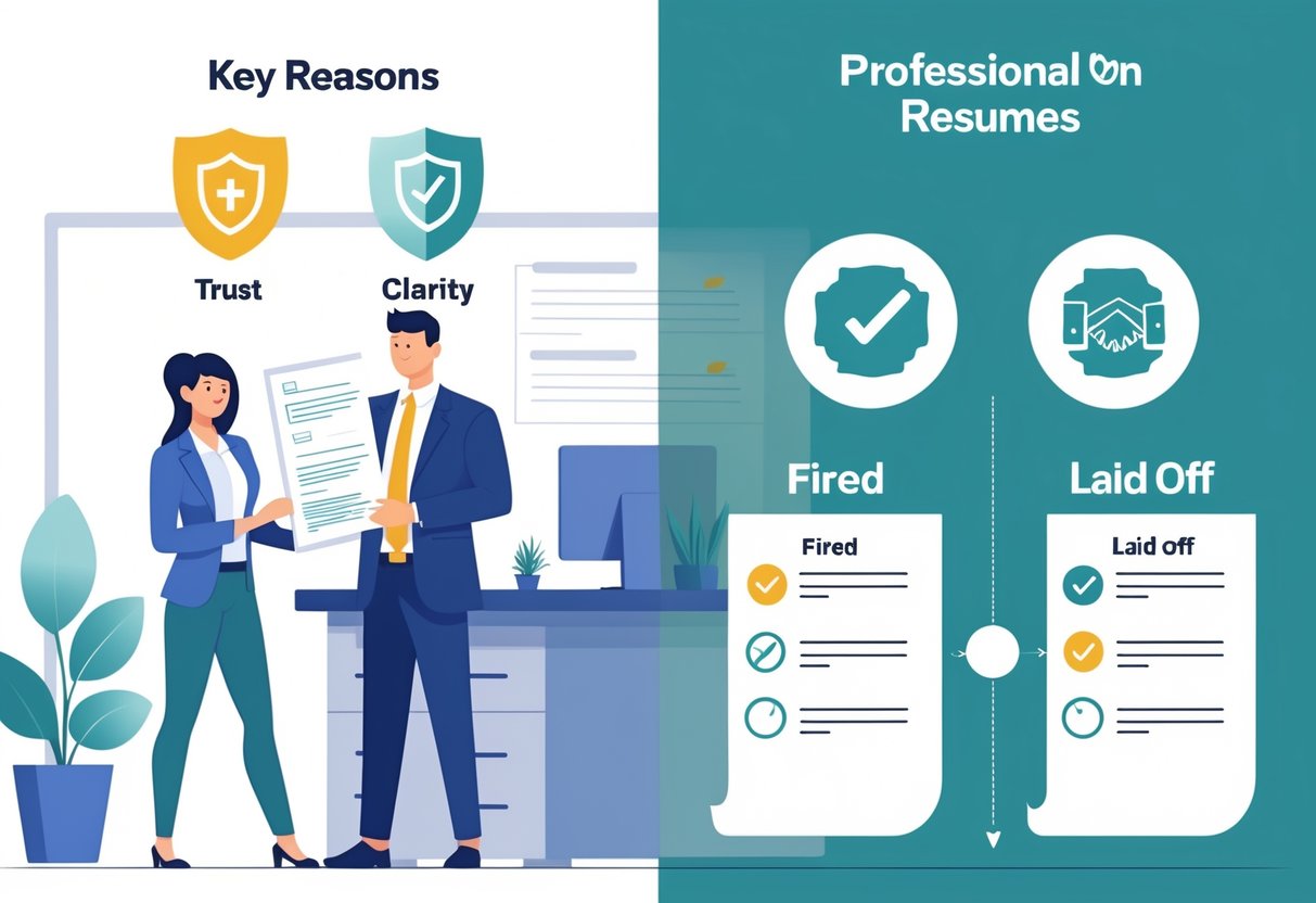 A job applicant handing a resume to a hiring manager with icons representing trust, clarity, and transparency, alongside a comparison chart differentiating fired and laid off.