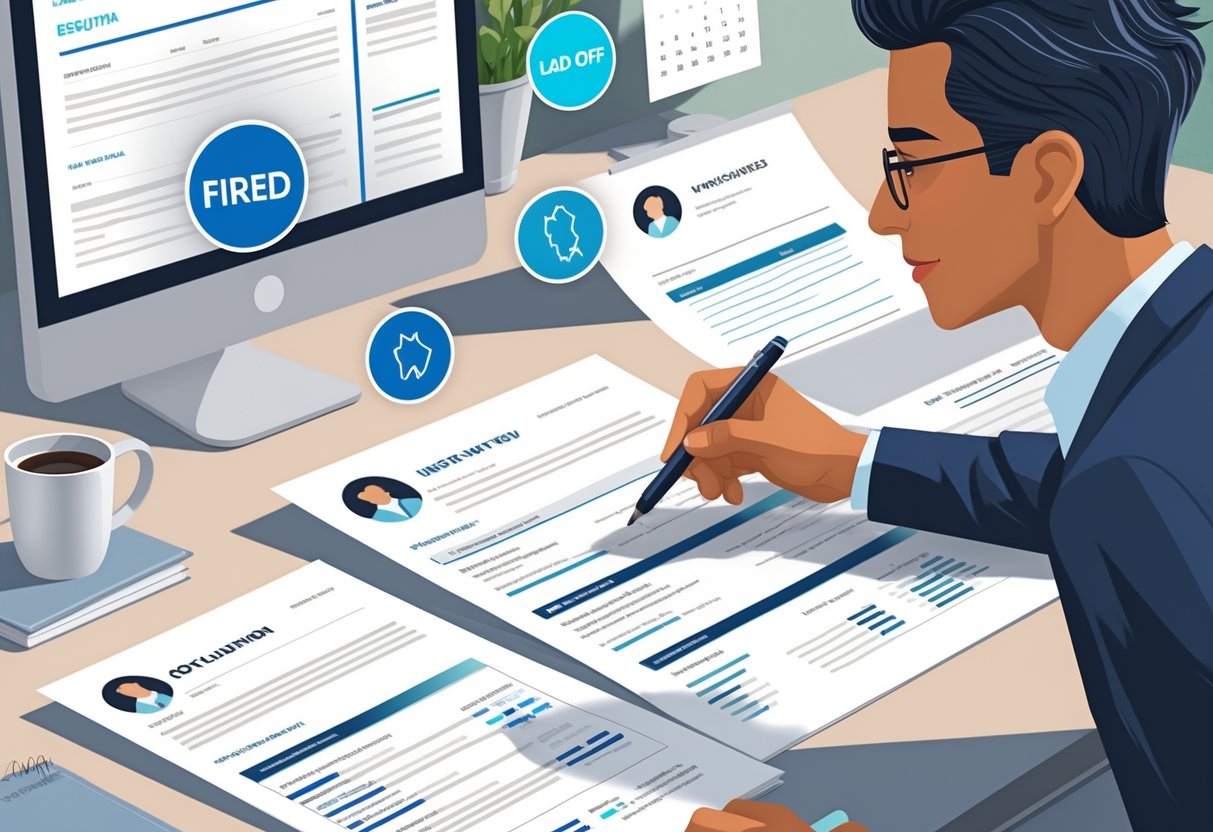 A person reviewing a resume and job application documents at a desk, with icons representing firing and layoffs nearby, and a computer screen showing job listings in the background.