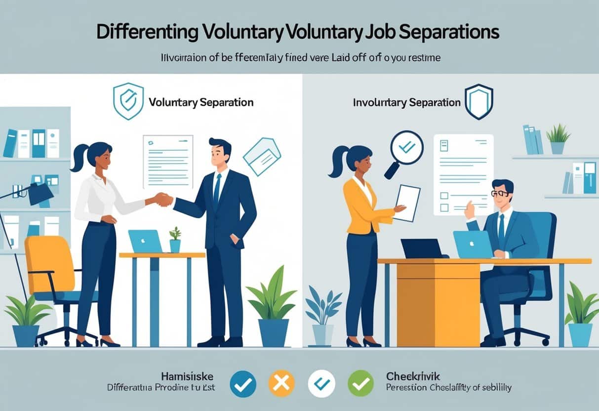 Two contrasting office scenes showing a person voluntarily resigning on one side and another being laid off by a manager on the other, with three icons representing reasons to differentiate these separations.