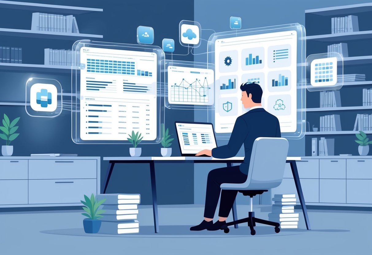 A business professional working at a desk with floating holographic screens showing data tables and network diagrams, representing database management skills.