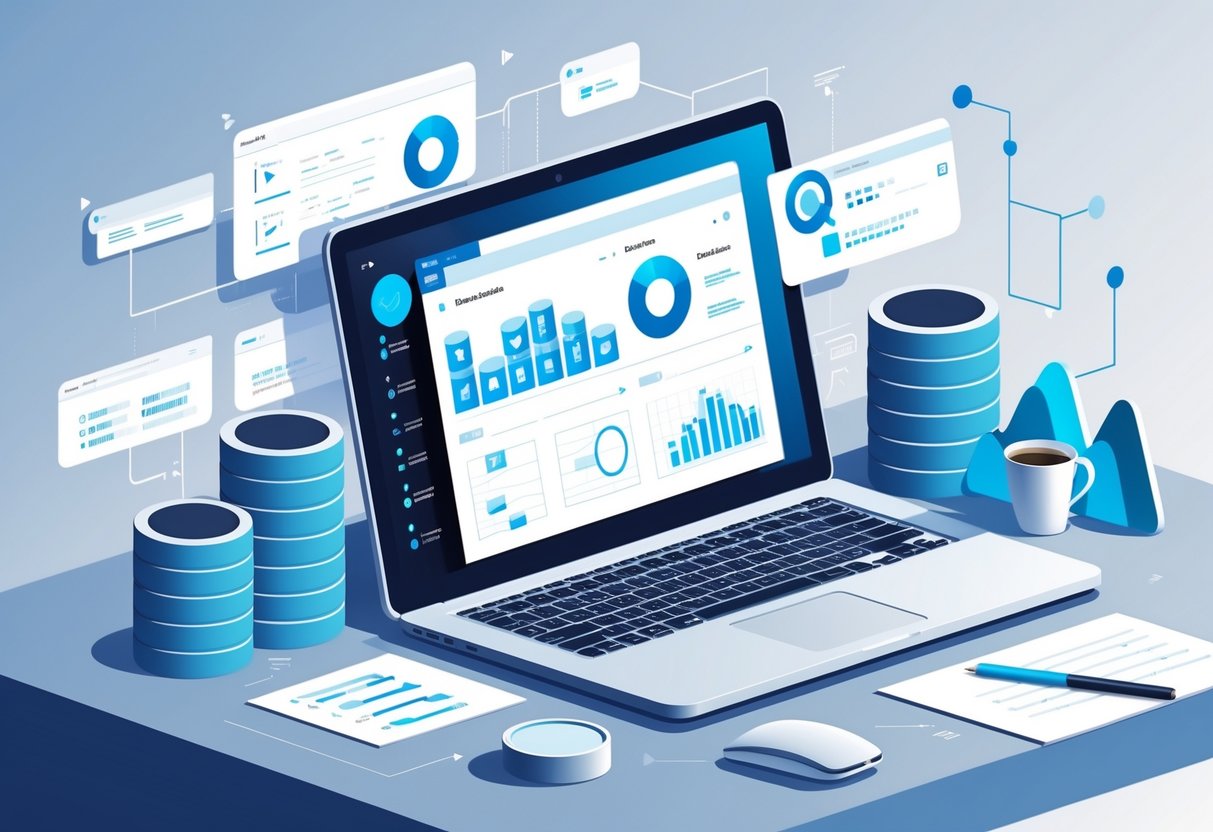 A workspace with a laptop showing database icons and charts, surrounded by symbols of database management and coding elements.