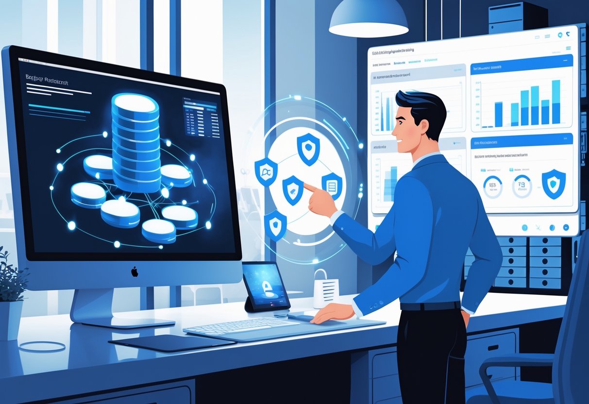 A professional working at a computer with a holographic interface showing database backup and recovery icons and charts in an office setting.